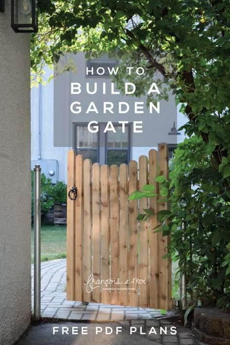 How to Build a Garden Gate + Free Plans! - Francois et Moi Side Fence Gate, Secret Garden Gates Entrance, Garden Double Gates, Chain Link To Wood Fence, Cedar Garden Fence, Chain Link Gate Ideas, Fence With Arbor And Gate, Garden Gate With Arbor, Chain Link Fence Upgrade