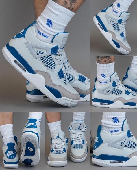 All Nike Shoes Blue, Blue And White Jordans, Pretty Sneakers, Shoes Wallpaper, Jordan Blue, Jordan Retro 4, Back To School Shoes, Trendy Shoes Sneakers