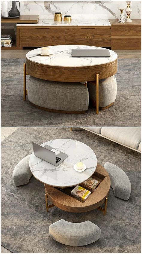 Coffee table with three integrated ottomans. This clever multi-tasking table features a lift-top, plenty of storage and comes with three ottomans that can be placed under the table when they�re not in use. Desain Pantry, Interior Design Per La Casa, Stylish Coffee Table, Diy Coffee Table, Diy Furniture Table, Space Saving Furniture, Decor Minimalist, Coffee Table Design, Coffee Table With Storage