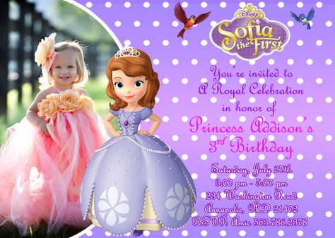 Sofia the First Birthday Party Invitation  by FunPartyPrintable, $8.99 Sofia Birthday Invitation, Sofia The First Invitation, Princess Sofia Invitations, First Birthday Invitation Cards, Princess Sofia Birthday, Princess Sofia Party, Sofia The First Birthday Party, Birthday Invitation Cards, Princess Invitation