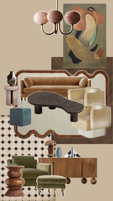 This collage mood board of a living area is inspired by a painting. The painting guides the design of the area with a unique color combination & flowy shapes. Easy Outdoor Projects, Eclectic Living, Stone Walkway, Interior Design Boards, Eclectic Living Room, Room Deco, Interior Design Architecture, Interior Design Mood Board, Eclectic Interior