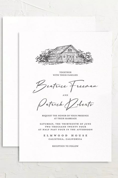 You can almost smell the crisp country air. These wedding invitations feature a romantic illustration of a mountain setting, rustic vineyard or traditional barn. Just like your partnership, these cards hint at adventures yet to be had, beauty to be explored, and moments to be cherished. You and your partner will see your bold yet down-to-earth spirits reflected in the naturalistic font and minimalist aesthetic that characterize these understated invitations. Mermaid Bridal Party, Jojo And Jordan, Exclusive Wedding Invitations, Romantic Illustration, Classic Romantic Wedding, Barn Wedding Invitations, Jojo Fletcher, Traditional Wedding Invitations, Country Wedding Invitations