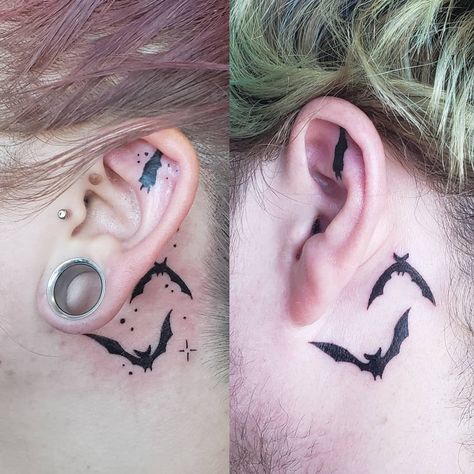 Bat Tattoo Behind Ear, Small Bat Tattoo, Gold Tattoo Ink, Rose Gold Tattoo, Inner Ear Tattoo, Tattoo Behind Ear, Bat Tattoo, Gold Tattoo, Spooky Tattoos