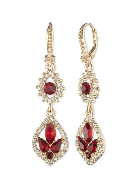 The Poised Red Midi Drop Earring is a drop earring featuring a pavé droplet hoop. At the center sits a grouping of red stones. The statement earrings are gold plated with a gold tone and gold hardware. Red And Gold Earrings, Ruby Earrings Indian, Jewellery Organization, Gold Statement Jewelry, Marchesa Fashion, Fashionable Accessories, Red Jewel, Red Stones, Nice Nails