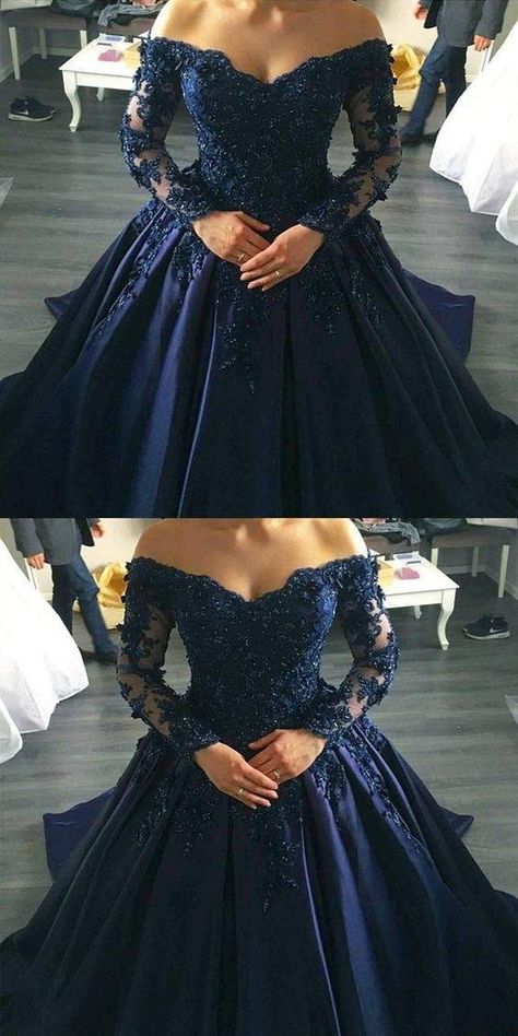 Midnight Blue Prom Dresses, Wedding Dresses Off Shoulder, Long Sleeve Ball Gown Wedding Dress, Wedding Dress Tea Length, Long Sleeve Ball Gowns, Dresses Off Shoulder, Trendy Wedding Dresses, Blue Wedding Dresses, Blue Ball