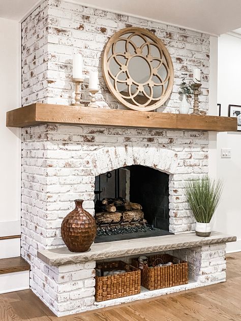 Building A Mantle Over Brick, Whitewashed Brick Fireplace With Mantle, Whitewash Brick Fireplace Diy, White German Smear Fireplace, Whitewash Fireplace Brick, Brick Fireplace Mantle Ideas, White Fireplace Brick, Brick Fireplace With Mantle, White Washed Brick Fireplace