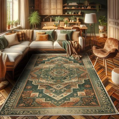 Green;hunter Green Peach;peach Rectangle 4' x 5'7" Area Rug - Ambesonne Oriental Boho High Density Long Fiber Poly Threads Decorative Area Rug Carpet 66.93 x 48.03 x 1.18 in greenPolyester | Wayfair -  #Ambesonne #Area #Boho #Carpet #Decorative #Density #Fiber #Green #Greenhunter #greenPolyester #High #Long #Oriental #Peachpeach #Poly #Rectangle #Rug #Threads #Wayfair Fall Decorations Inspiration, Boho Entertainment Room, Boho Rugs For Living Room, Green Couch Area Rug Ideas, Mountain Modern Living Room Decor, Green Carpet Bedroom Aesthetic, Indigenous Home Decor, Jewel Tone Boho Decor, Craftsman Apartment Decor