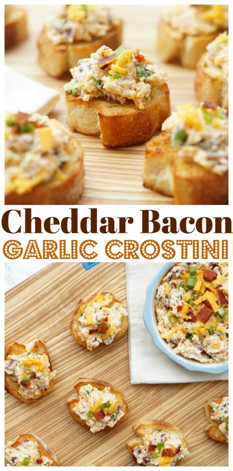 Cheddar Bacon Garlic Crostini Cream Cheese Baguette, Mini Crostini Appetizers, Dips With Crostini, Baguette Appetizer Ideas, Crustini Appetizers Summer, Crustini Appetizers Fall, Thanks Giving Appetizer, Baguette Recipe Appetizers, Crostini Appetizers Easy