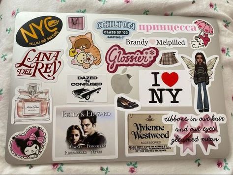 I found this most of the stickers on red bubble. I linked it for yall Macbook Cover Stickers Aesthetic, Computer Stickers Aesthetic, Macbook Case Aesthetic, Macbook Ideas, Croquette Aesthetic, Macbook Case Stickers, Apple Ecosystem, Mac Stickers, Romanticising School