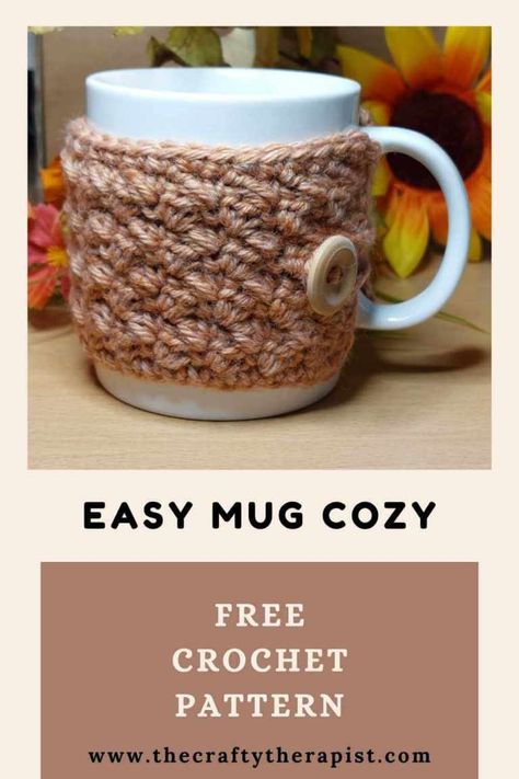 A free mug cozy crochet pattern to keep your coffee or tea warm. This easy crochet mug cosy pattern is beautifully textured with the crochet suzette stitch to look gorgeous and feel lovely.  This quick crochet project makes a perfect handmade christmas gift that you can whip up fast. It's a great 1 hour crochet project that you'll easy finish in an hour or less! Easy Mug Cozy Crochet Pattern, Easy Crochet Teacher Gifts, Crochet Coffee Mug Cozy, Mug Cozies Crochet Pattern Free, Crochet Mug Cozy Free Pattern, Crochet Sweater Mug Cozy, Crochet Mug Cozy And Coaster, Crochet Coffee Sleeve, Coffee Mug Sleeve Crochet