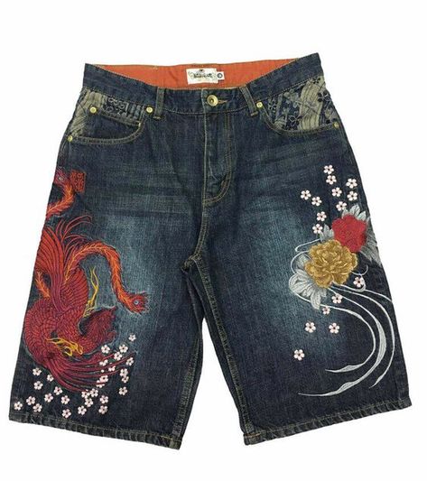 Mens Jeans Shorts Capri Denim Japanese Pattern Embroidery Phoenix Suzaku Bird Mode Hippie, Outfits Y2k, 2000s Fashion Outfits, Japanese Patterns, Pattern Embroidery, Y2k Outfits, Swaggy Outfits, Mode Inspo, Short En Jean