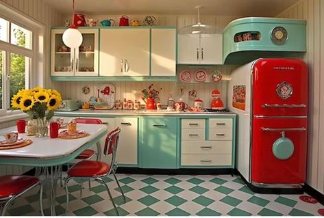 Aqua And Red Kitchen, Atomic Age Kitchen, 50s Themed Kitchen, 50s Style House, 1950s Fridge, Retro Home Decor 1950s, Fifties Kitchen, 50s Style Kitchens, Diner Style Kitchen