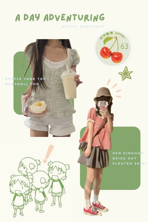 Green gingham babydoll top with a white lace ruffle camisole and white shorts. The girl is holding a milkshake and a piece of cake. Red gingham babydoll blouse with a beige pleated skirt and red converse. Beige sunhat. Green Yotsuba print and a vintage cherry Japanese stamp. Shoujo Inspired Outfits, Animal Crossing Summer Outfit, Animal Crossing Inspired Outfits, Junimocore Outfits, Shoujo Girl Outfit Summer, Japanese Outfits Summer, Ghibli Aesthetic Outfit, Shoujo Aesthetic Outfits, Ghiblicore Outfits