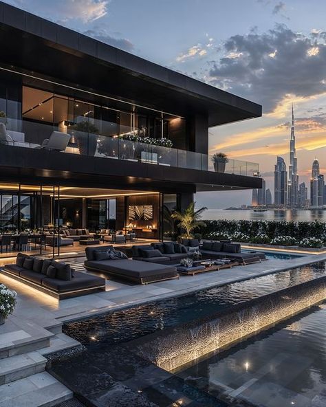 Luxury House Outside Design, Modern Luxury House Design Interior, Black Mansions Luxury, Modern Luxury Houses Mansions, Dubai Mansions Luxury, Luxury House Mansions Dream Homes, House Interior Mansion, Aesthetic Mansions, Dubai House Design