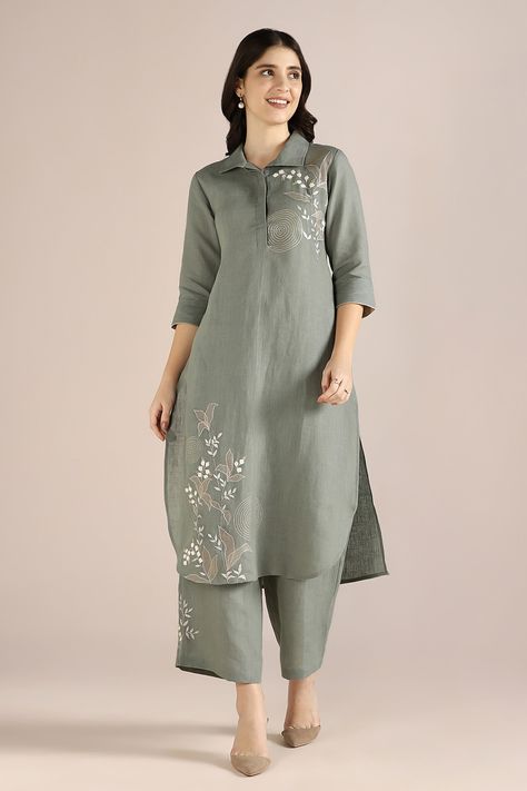 Shop for these amazing collections of Green 100% Linen Hand Embroidery Floral Honey Suckle Kurta With Pant For Women by Kaveri online at Aza Fashions. Stylish Frocks, Linen Suits Women, Khadi Kurta, Honey Suckle, Simple Kurti, Hand Embroidery Dress, Simple Kurta Designs, Designer Kurti Patterns, Simple Kurti Designs