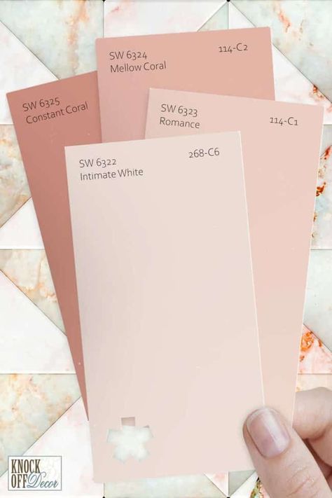 Sw Mellow Coral, Intimate White Paint Color, Sw Rachel Pink, Neutral Pink Paint Colors Sherwin Williams, Pale Pink Sherwin Williams Paint, Best Light Pink Paint Color, Peachy Pink Paint Color, Intimate White Sherwin Williams, Sherwin Williams Romance