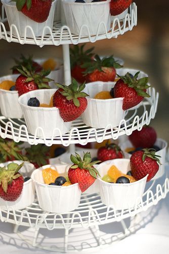 Fruit in little bakers cups Strawberry Garnish, Deco Fruit, Kids Tea Party, Christmas Tea Party, Ladies Tea, High Tea Party, Tea Ideas, Princess Tea Party, Fruit Party