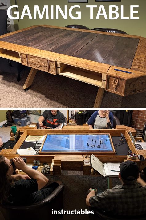 40k Gaming Table, Tv Gaming Table, Tabletop Gaming Room, D&d Table Gaming Diy, Gamer Table Ideas, Tabletop Game Table, Diy Gaming Table Plans, Dnd Table With Tv, D&d Table Gaming