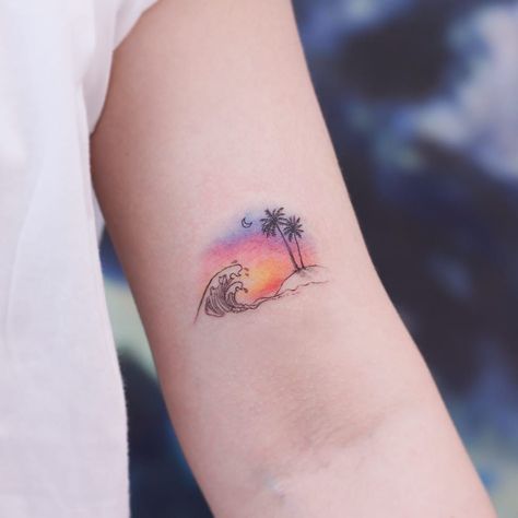 Sunset over the island. Tattoo by Saegeemtattoo #saegeemtattoo #tropicaltattoos #color #watercolor #linework #fineline #small #palmtree #island #waves #ocean #sea #moon #sunset #landscape #seascape Best Friend Tattoos Color, Small Beach Tattoos, Sunset Tattoo, Island Tattoo, Favorite Tattoos, Sunset Tattoos, Wave Tattoo, Landscape Tattoo, Ocean Tattoos