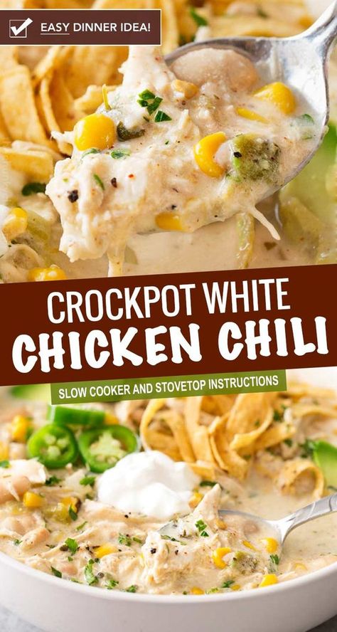 This contest-winning crockpot white chicken chili is made easy in the slow cooker, and has just the right amount of spice to warm up your night! #chickenchili #whitechickenchili #chili #chicken #easyrecipe #dinner #comfortfood #slowcooker #crockpot Cream Soup Crockpot Recipes, Call Crockpot Meals, Crockpot Chicken Chili White, Rotisserie White Chicken Chili Crock Pot, Chicken Crockpot Recipes Spicy, Crockpot Soup Easy Cheap, Hearty Chicken Crockpot Meals, Crockpot Meals For Family Of 5, Simple Crockpot Dinner Recipes