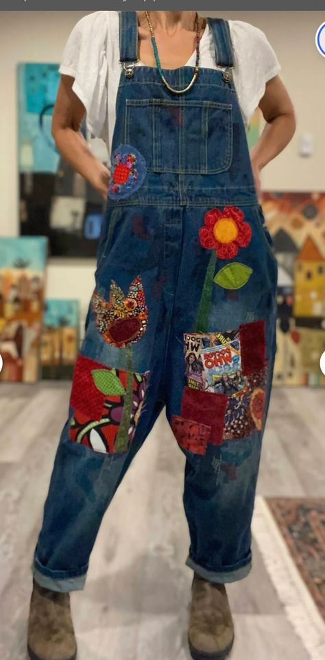 Patches On Overalls, Upcycled Overalls, Painted Overalls, Boho Overalls, Hippie Jeans, Womens Overalls, Patched Denim, Patched Denim Jeans, Denim Crafts Diy