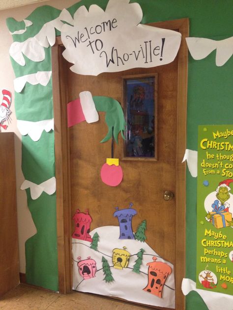 Grinch classroom door #grinch #whoville #classroom Grinch Door, Door Decorations Classroom Christmas, Holiday Door Decorations, Classroom Christmas Decorations, Diy Christmas Door, Christmas Door Decorating Contest, Christmas Classroom Door, School Door Decorations, Whoville Christmas