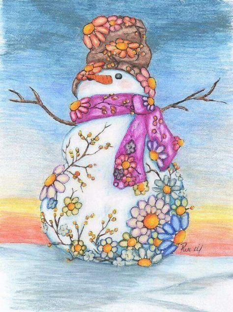 Flowery snowman Arte Quilling, Snow Men, Christmas Rock, Snowman Painting, Holiday Painting, Frosty The Snowmen, Snowman Crafts, Christmas Drawing, Floral Prints Art