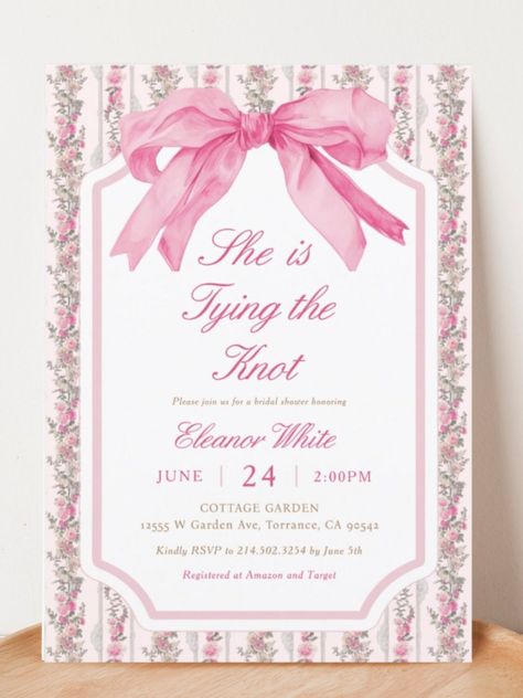 A pink and white baby shower invitation adorned with a decorative ribbon, elegantly designed for a joyful celebration. Bride To Be Invitation, Bow Invitation, Pink Chinoiserie, Bridal Shower Inspo, Bridal Shower Planning, Bridal Events, Bridesmaid Card, Small Business Inspiration, Bachelorette Invitations