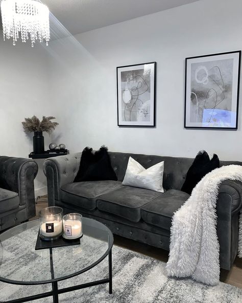 Silver Grey Living Room Decor, Apartment Decor Black And Grey, Black Grey And White Living Room Decor, Black White Gray Silver Living Room, Silver Decorations Living Room, Black Grey Living Room Decor, Grey White And Silver Living Room, Black Grey And Silver Living Room, Monochrome Lounge Room