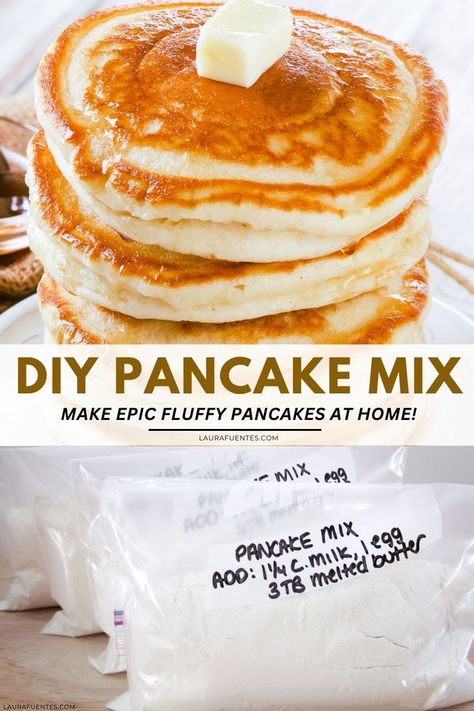 A stack of pancakes with butter on top, and a picture of a ziplock bag of pancake mix Fluffy Pancake Mix Recipe, Krusteaz Pancake Mix Recipes, Diy Pancake Mix, Healthy Pancake Mix, Homemade Pancake Mix Recipe, Best Pancake Mix, Easy Pancake Mix, Krusteaz Pancake Mix, Best Homemade Pancakes