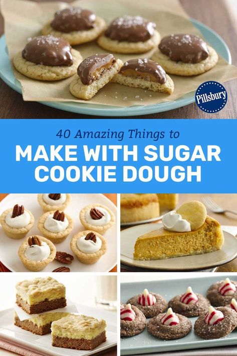 You know the one: the sweet + simple cookie dough that started it all. You can bake a batch straight up (why stop there?) or put your sugar cookie dough to work in one of these awesome recipes. Either way, they’re absolutely delicious!  We’ve picked recipes to answer your favorite question: what to do with sugar cookie dough? Whether it’s a bar, traditional cookie, or even cupcake, you’re in for a real treat. All you need is a package of our famous Pillsbury cookie dough to get started. Pillsbury Cookie Recipes, Pillsbury Sugar Cookie Recipe, Cookie Dough Ideas, Pillsbury Christmas Cookies, Sugar Cookie Desserts, Betty Crocker Sugar Cookie Mix, Pillsbury Sugar Cookie Dough, Pillsbury Cookie Dough, Sugar Cookie Dough Recipe