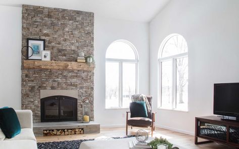 Modern Stone Fireplace - Stone Veneer Fireplace Design | Casa Di Sassi Neutral Room Design, Modern Stone Fireplace, Veneer Fireplace, Barn Beam Mantels, Stone Veneer Fireplace, Stone Fireplace Designs, Minimalist Japandi, Stacked Stone Fireplaces, Manufactured Stone Veneer