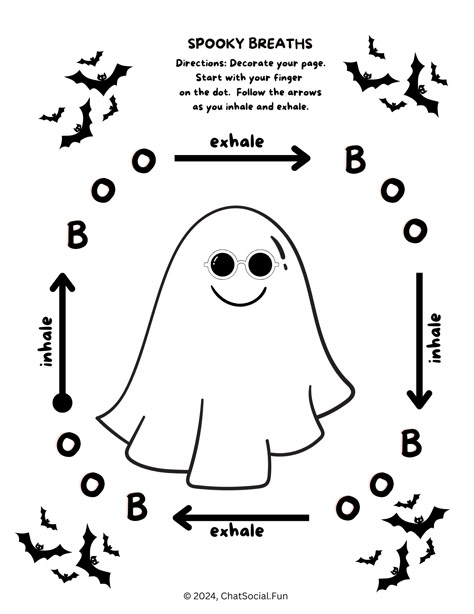 Practice the coping skills of mindful breathing with a spooky but cute twist. Ghost and bats.  Use finger trace breathing by following the word, "BOO," as you trace your finger around the ghost.  Mindful breathing is a helpful self regulation strategy to slow breathing, calm negative thoughts, and to feel more focused.  Bring on the coping skills!  Nice elementary school activity for Halloween. #mindfulnessactivities #breathwork #peaceful #meditationforbeginners #anxietyrelief #freebies Halloween Therapy Worksheet, Halloween Group Therapy Ideas, Halloween Therapy Activities For Kids, Halloween Counseling Activities, Halloween Therapy Activities, Ghost In Sunglasses, Social Emotional Worksheets, Family Therapy Interventions, Social Work Activities