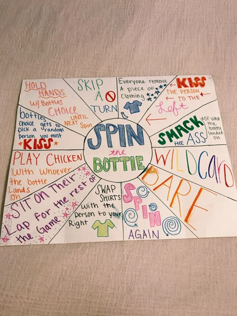 Risky Things To Do With Friends, Spin The Bottle Ideas For Friends, Spin The Bottle Ideas, Fun Games For Teenagers, Drunk Games, Fun Sleepover Activities, Sleepover Party Games, Fun Sleepover Games, Sleepover Stuff