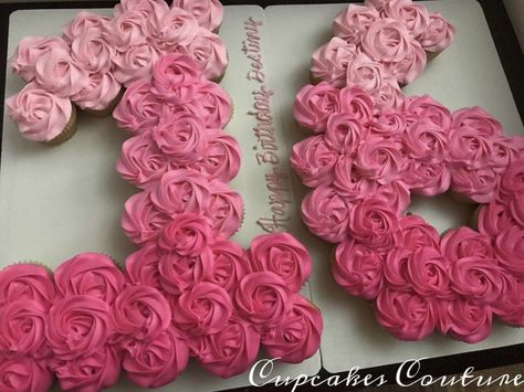 Cupcakes For Sweet 16 Birthday, 16 Cupcake Cake Number, Sweet Sixteen Cupcakes Ideas, Sweet 16 Cupcake Cake, Sweet 16 Sheet Cake Ideas, 16th Birthday Themes Girl, Simple Sweet 16 Cakes, Diy 16th Birthday Decorations, 16th Birthday Cakes For Girls Ideas