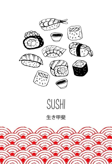 Set of hand drawn different Japanese sushi and rolls. Vector illustration. The hieroglyph means the Meaning of life. Sushi Vector Illustrations, Sushi Chalkboard Art, Sushi Roll Illustration, How To Draw Sushi, Sushi Aesthetic Art, Sushi Illustration Graphics, Kin Drink, Sushi Art Illustration, Sushi Graphic Design