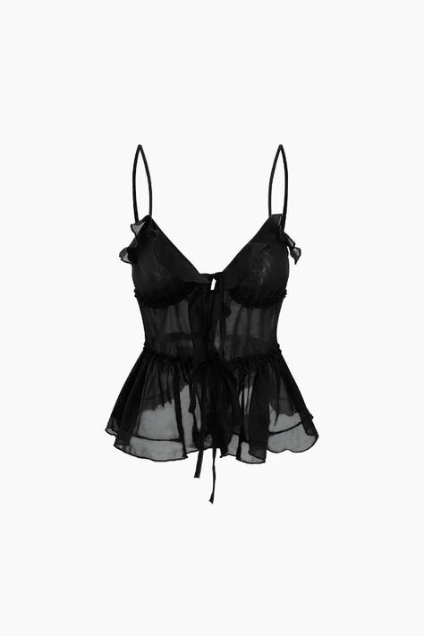 Details 
 Occasion: Casual 
 Category: Tops 
 Composition: 100% Polyester 
 Sheer: Sheer 
 Color: Black Ruffle Cami Top, Fest Outfits, Mode Zara, Fashion 90s, Black Cami Top, Pastel Outfit, Crop Top Dress, List Style, Online Tops