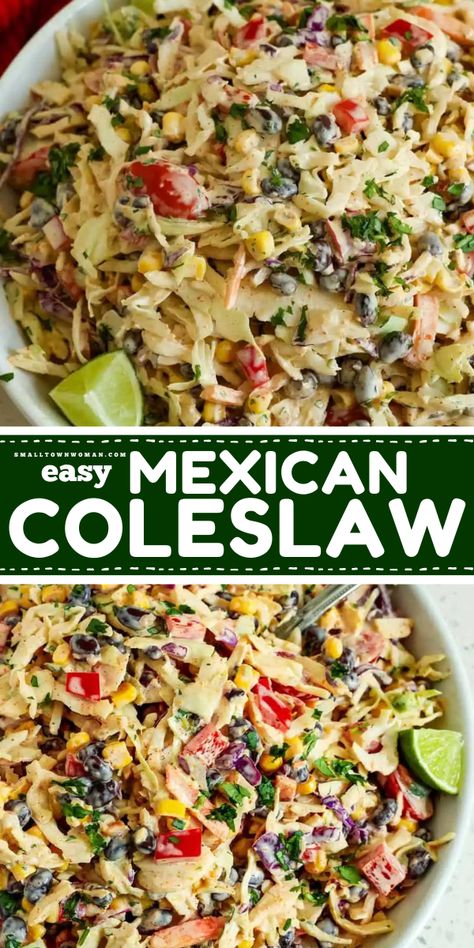 Need some simple salad ideas? This best Mexican Coleslaw is a must-try! Learn how to make Mexican Coleslaw that's bursting with flavor from tomatoes, black beans, corn, jalapeno, and cilantro. A family-friendly, quick, easy side dish that's simple to make! Coke Slaw Mix Recipes, Mexican Coke Slaw, Simple Salad Ideas, Mexican Coleslaw Recipe, Corn Jalapeno, Mexican Coleslaw, Mexican Coke, Avocado Salads, Sandwich Buffet