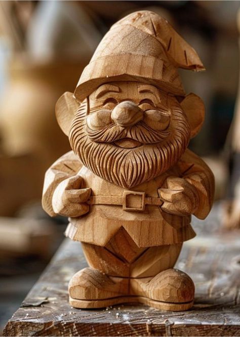 Christmas Wood Carving Ideas, Christmas Whittling, Wood Carving Patterns For Beginners, Carved Gnomes, Gnome Carving, Whimsical Carvings, Whittling Patterns, Tre Kunst, Wood Carving Art Sculpture