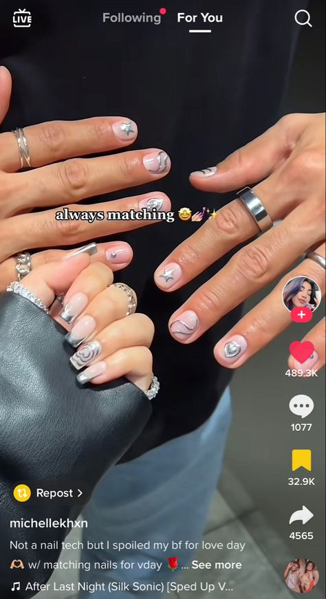 Nail For Boyfriend, Bf Tip Color Nails, Chrome Matching Nails, Bc Gf Matching Nails, Matching Gf Bf Nails, Matching Nail With Boyfriend, Silver Chrome Nails Men, Chrome Mens Nails, Matching Nail Art Couple