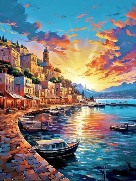 Paintings Of Cities, Small Oil Paintings, Italy Illustration Art, City Illustration Art, City Landscape Illustration, Painting Of City, Boat Painting Acrylic, City Landscape Painting, Paint On Canvas For Beginners