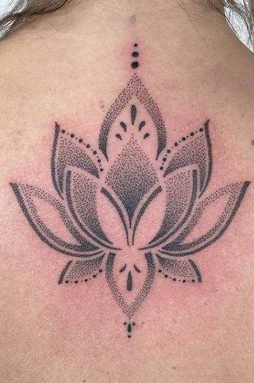 Dot Work Lotus Tattoo, Lotus Flower Face Tattoo, Dot Lotus Tattoo, Dotting Tattoo Design, Lotus Dotwork Tattoo, Indian Lotus Tattoo, Lotus And Mandala Tattoo, Lotus Foot Tattoos For Women, Dot Flower Tattoo