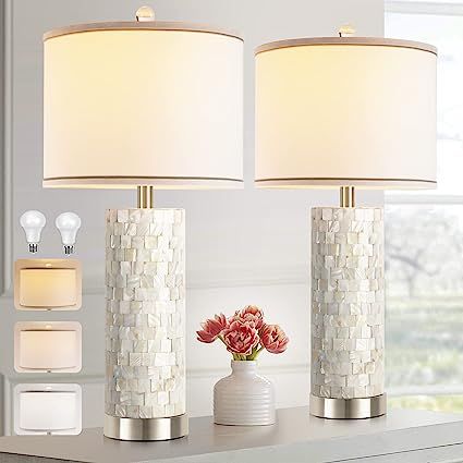 Seashell Table Lamps for Living Room Set of 2, Modern Coastal Bedside Lamps Shell Pearl Tiles 26 inch Nightstand Lamp for Bedroom Home Decor (2700K/4000K/5000K 3 Color Temperature LED Bulbs Included) Seashell Table, Modern Nightstand Lamps, Pearl Tiles, Table Lamps For Living Room, Modern Coastal Decor, Shell Lamp, Tall Table Lamps, Lamps For Living Room, Pearl Tile