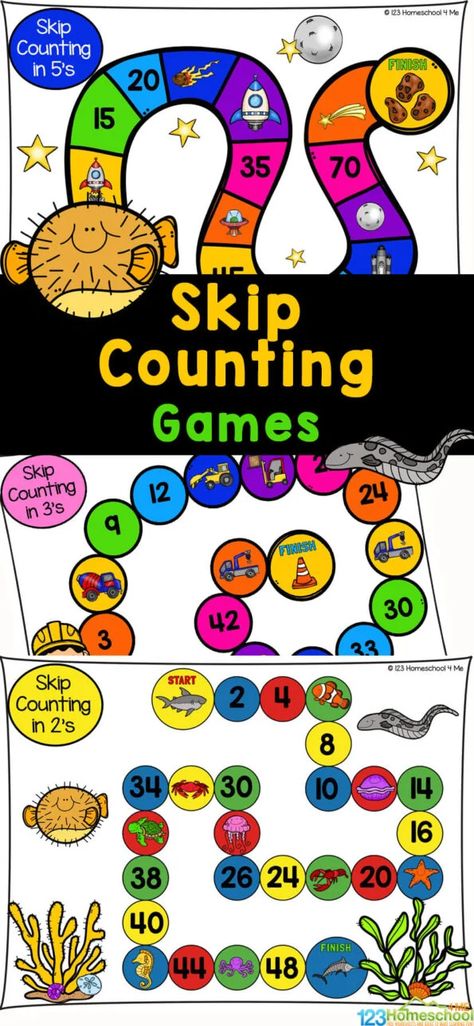 This free printable Skip Counting Game is a great way to practice how to skip count by 2s, skip count by 3s, and skip count by 5s while playing a fun game. Use these skip count games as part of a number or math study or for extra work for first grade, 2nd grade, and 3rd graders who are working on counting by 2, counting by 3, and countin g by 5. Simply print skip counting printables and you are ready to play and learn with a free math game. Count By 5s, Count By 2s, Skip Counting Games, Skip Counting Kindergarten, 2nd Grade Math Games, Skip Counting Puzzles, Counting Board, Skip Counting Activities, Counting By 2