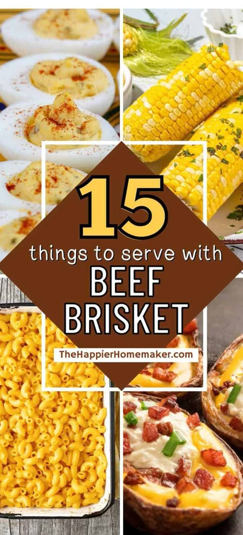 Wondering what to serve with a delicious beef brisket? These 15 side dishes are the perfect pairing for this tasty meal! Beef Brisket Dinner Side Ideas, Sides For Corned Beef Brisket, Side Dishes For Beef Brisket, Brisket Party Buffet, Brisket Party Ideas, Sides To Go With Smoked Brisket, Side Dishes For Smoked Brisket, Brisket Dinner Sides Dishes, Sides To Have With Brisket