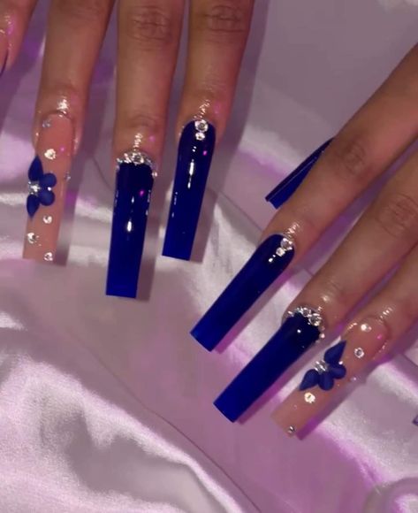 Acrylic Nails Square Blue, Blue Fall Nails 2024, Navy Blue Square Acrylic Nails, Royal Blue Long Nails, Baddie Nails Acrylic Blue, Royal Blue Acrylic Nails, Hanukkah Nails, Royal Blue Nails, Dark Blue Nails