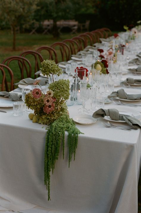 Real Wedding | April & Andrew One Long Table Wedding, Plants As Wedding Centerpieces, Formal Wedding Table Settings, Eclectic Wedding Table Settings, Fall Garden Party Wedding, Costco Flowers Wedding, Potted Flowers Wedding, Family Style Wedding Table, Garland Wedding Aisle