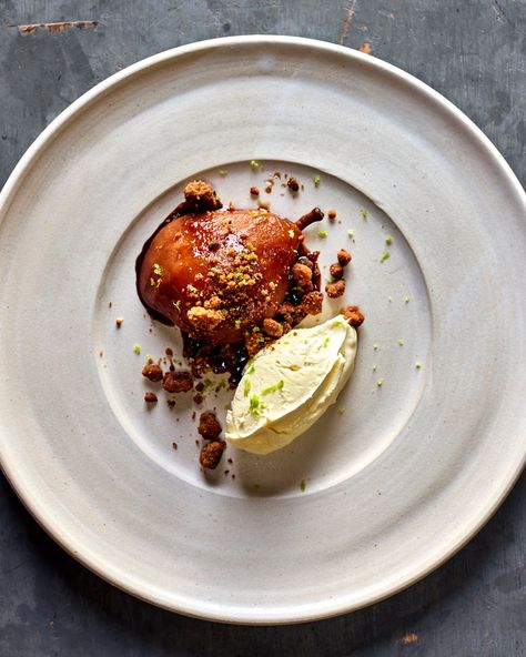 FEAST — Poached Pear & Bergamot Crumble with Crème Fraîche — Natoora Poached Pears Dessert, Poached Pears Recipe, Plating Design, Michelin Chef, Pear Crumble, Fine Dining Desserts, Pear Dessert, Spiced Pear, Poached Pears