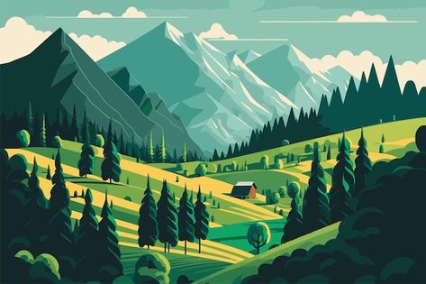 Green Mountain Drawing, Playhouse Cafe, Mountain Landscape Illustration, Vector Mountain, Alpine Landscape, Drawing Characters, Mountain Background, Mountain Drawing, Mountain Illustration