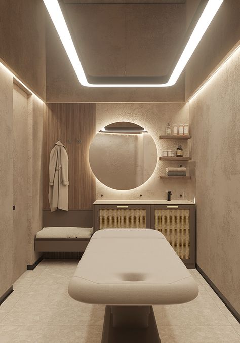 Body laboratory on Behance Dreamy Lash Room, Modern Spa Design Interiors, Skincare Salon Decor, Esthetics Room Organization, Skincare Room Design, Skin Care Room Design, Luxury Spa Room, Spa Interior Design Luxury, Injection Room